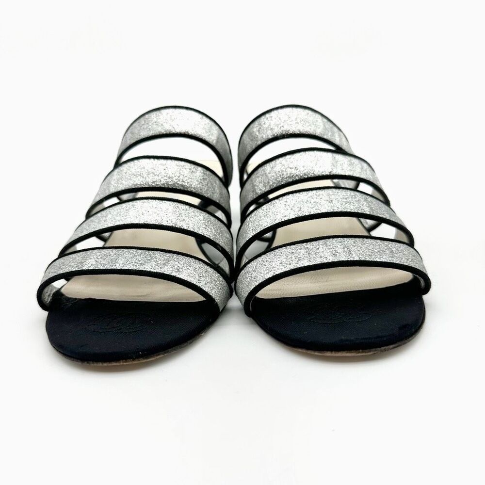 CHANEL 2018 Silver Glitter Black Leather Slide Heels Size 39.5 Strappy Mules - Picture 4 of 12